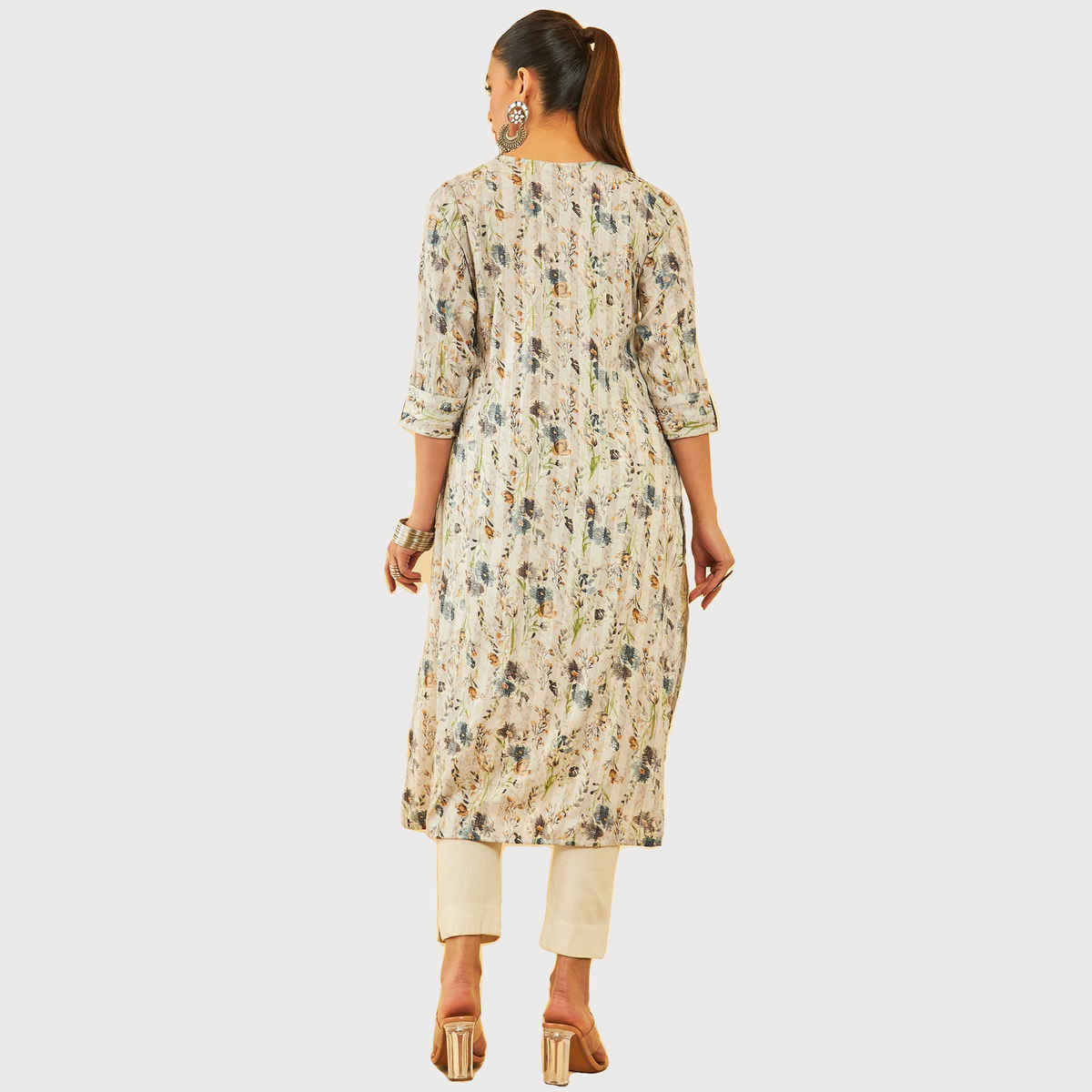 Soch Women's Off White Rayon Floral Print Kurta With Tassels S