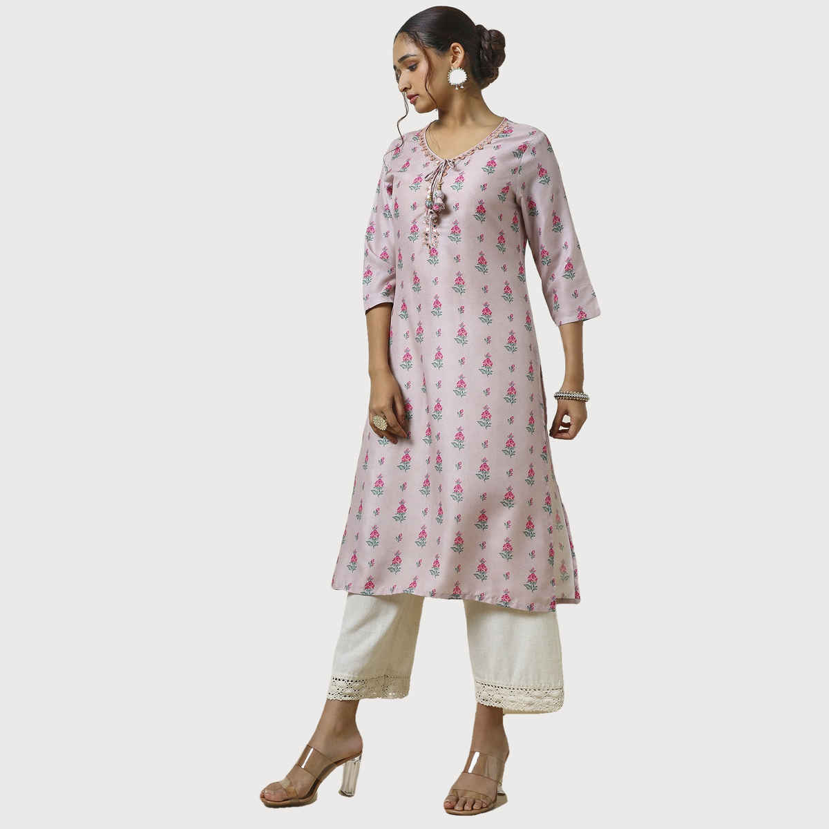 Soch Women's Peach Muslin Blend Floral Print Kurta With Faux Mirror | L
