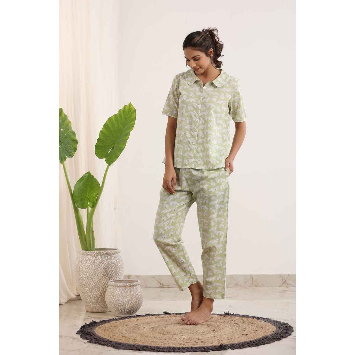 Sanskrutihomes Conversational Printed Pure Cotton Night Shirt And Trousers | Light Green | M