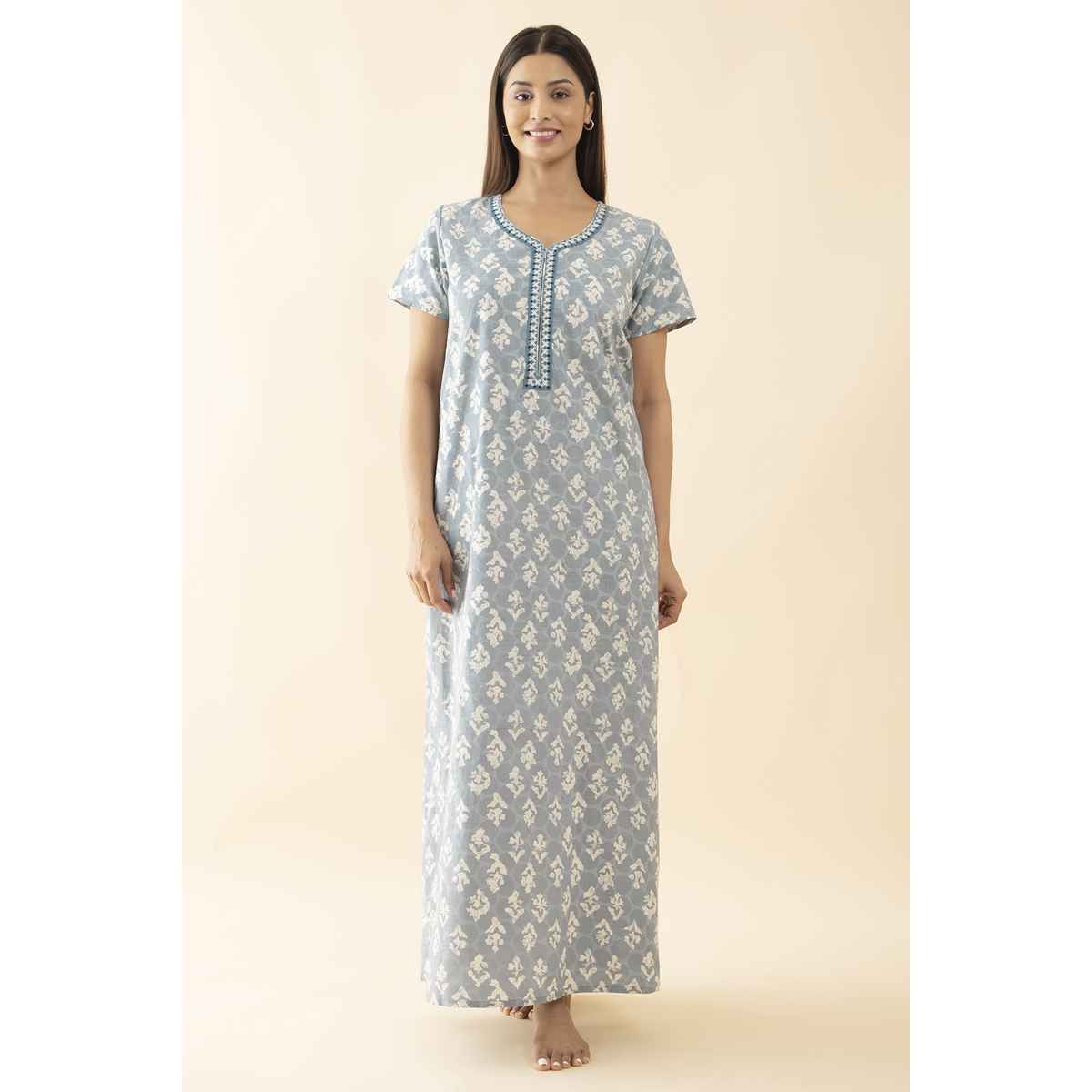 Maybell Women's Cotton Floral Printed Nighty | Grey - M