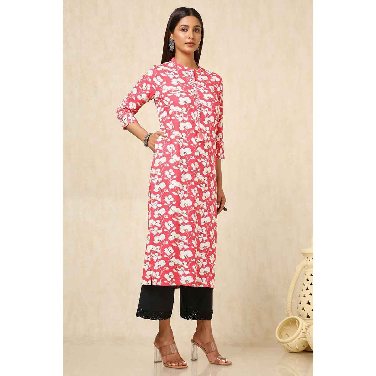 Soch Women's Pink Rayon Floral Print Kurta With Faux Mirror | L