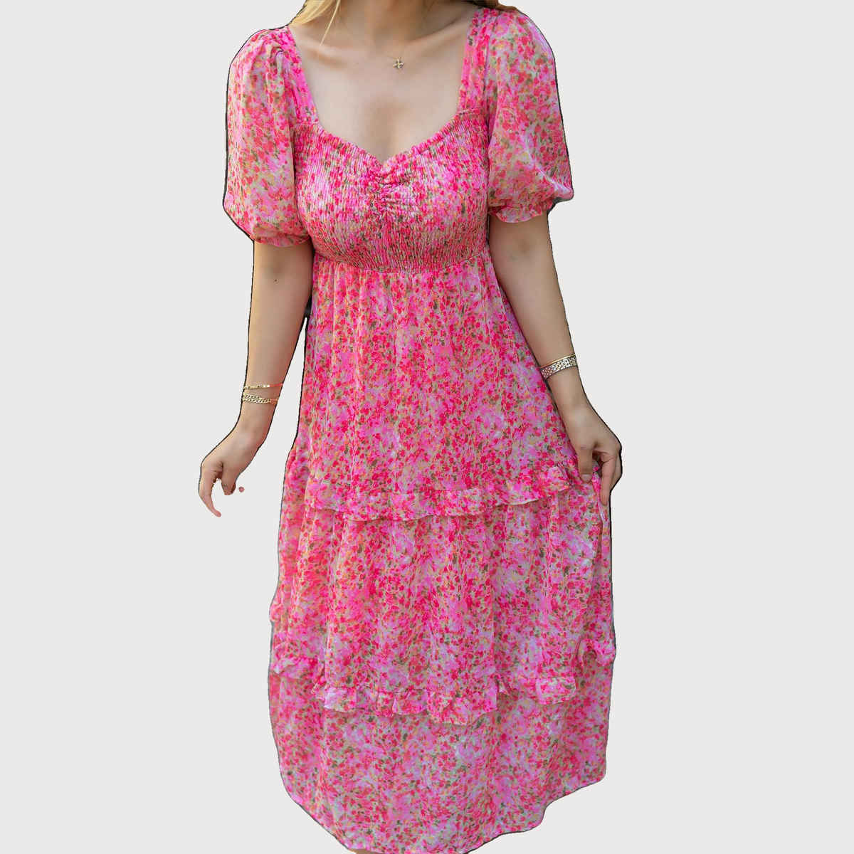 Sheetal Women's Floral Georgette Neck Fit & Flare Maxi Dress | DR11264 | Pink - L
