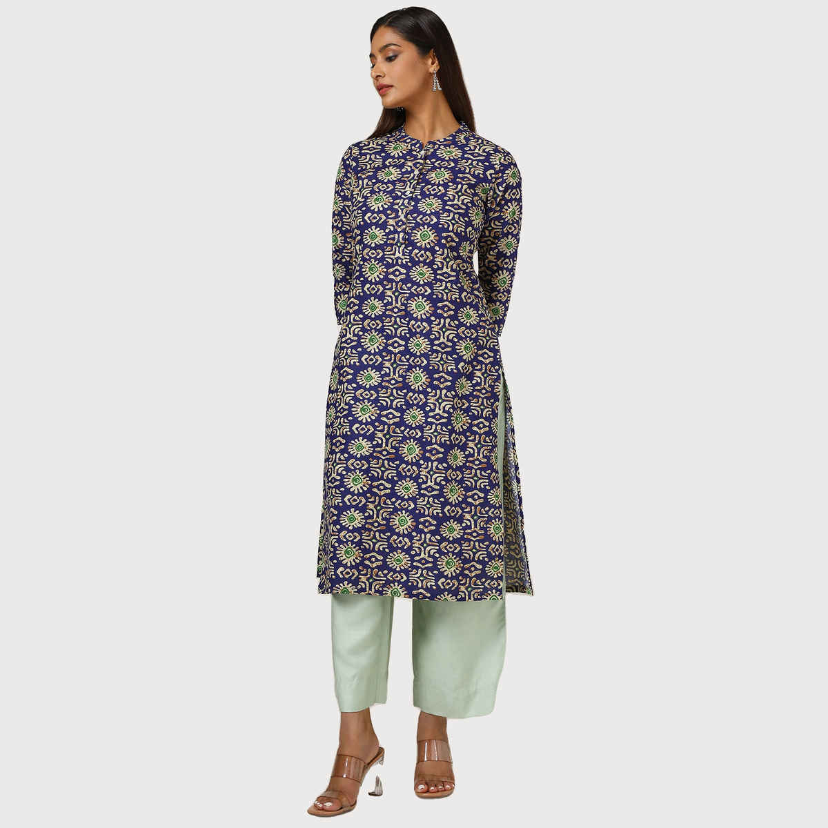 Soch Women's Navy Blue Cotton Blend Abstract Print Kurta | L