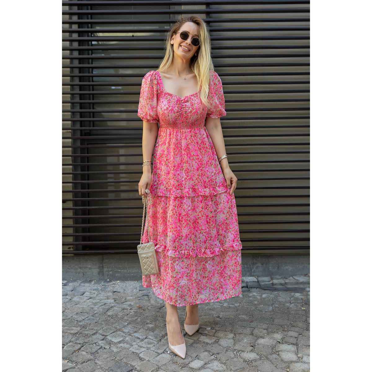 Sheetal Women's Floral Georgette Neck Fit & Flare Maxi Dress | DR11264 | Pink - XL