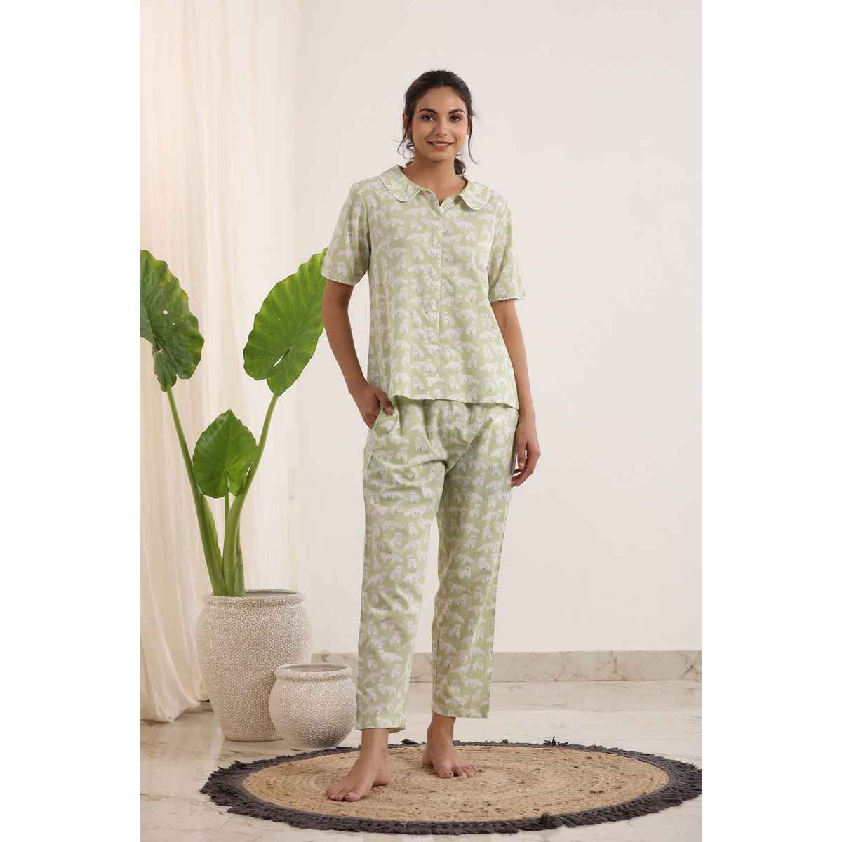 Sanskrutihomes Conversational Printed Pure Cotton Night Shirt And Trousers | Light Green | M