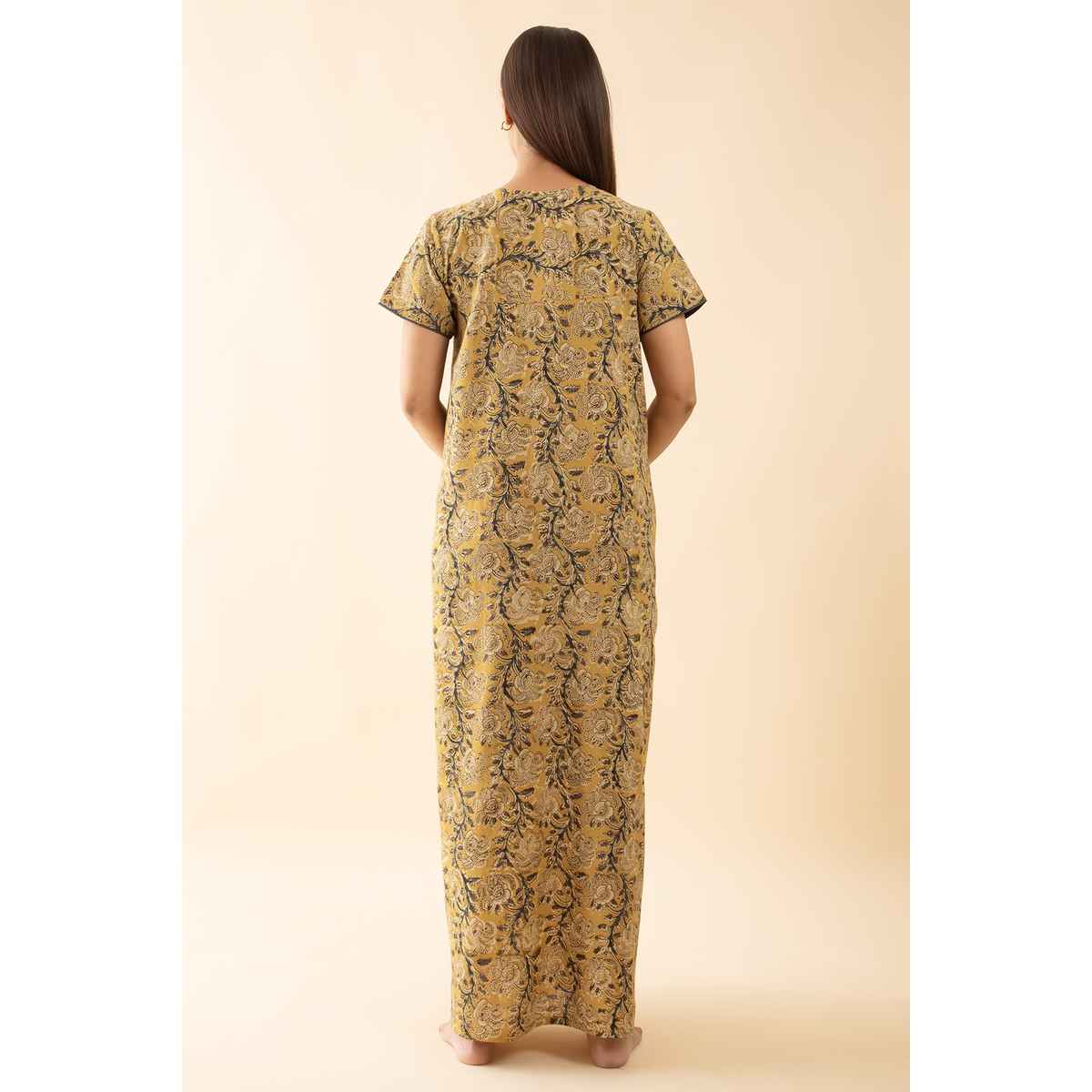 Maybell Women's Cotton Kalamkari Printed Nighty | Mustard - L