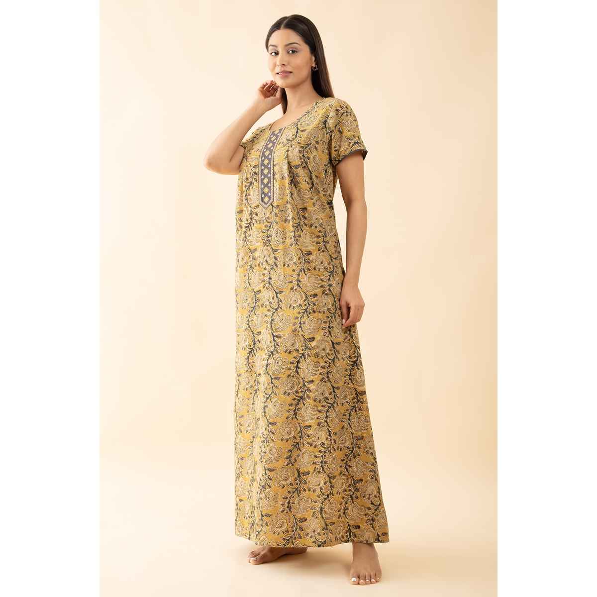 Maybell Women's Cotton Kalamkari Printed Nighty | Mustard - M