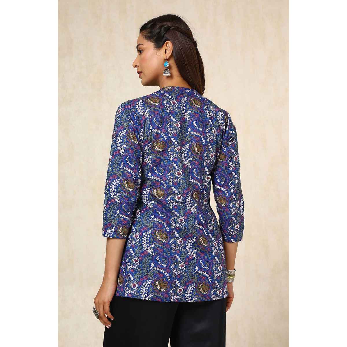 Soch Women's Blue Cotton Blend Floral Print Tunic | L