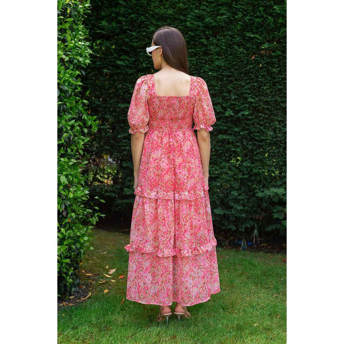 Sheetal Women's Floral Georgette Neck Fit & Flare Maxi Dress | DR11264 | Pink - XL