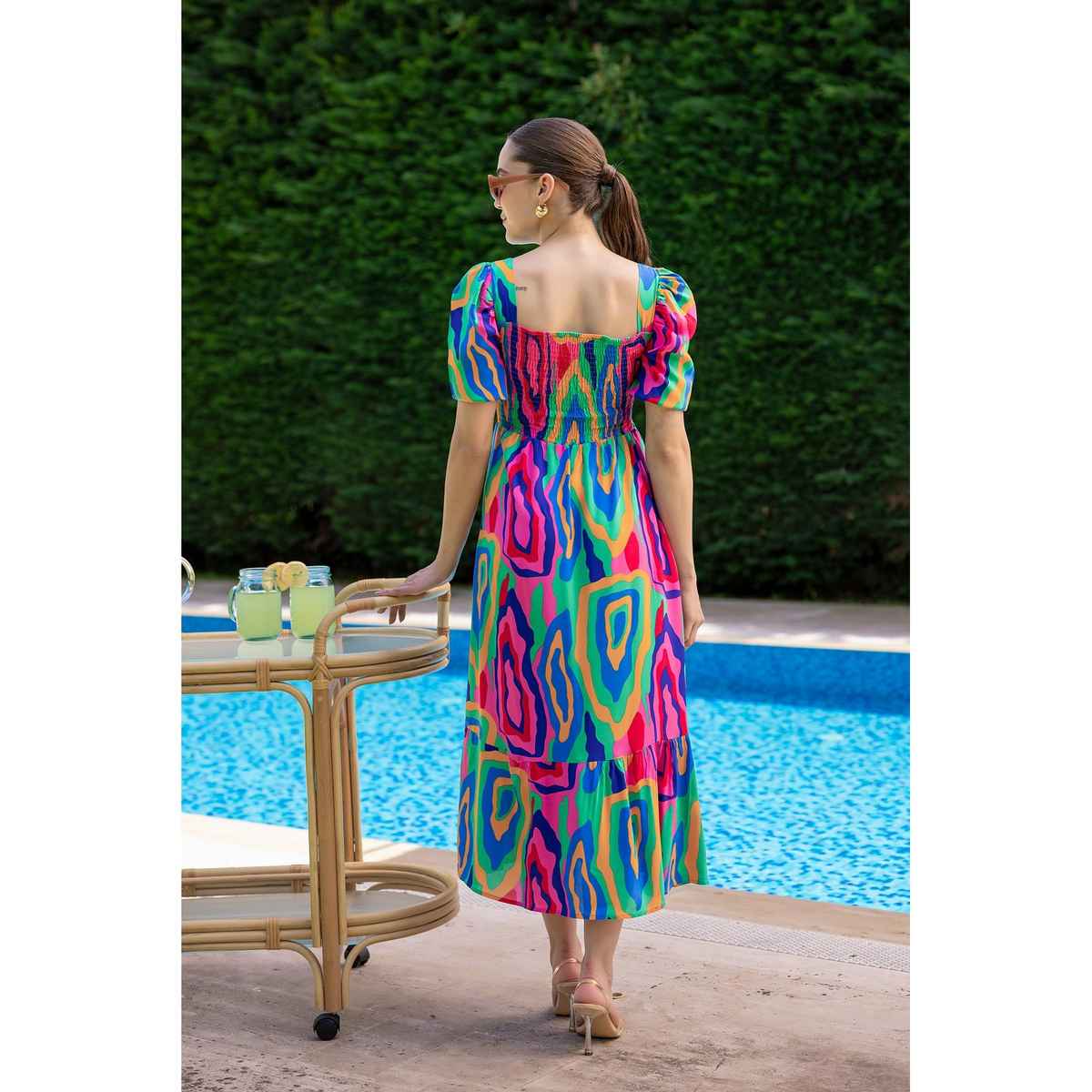 Sheetal Women's Abstract Printed Square Neck Fit-Flare Dress | DR11433 | Multicolor - XL