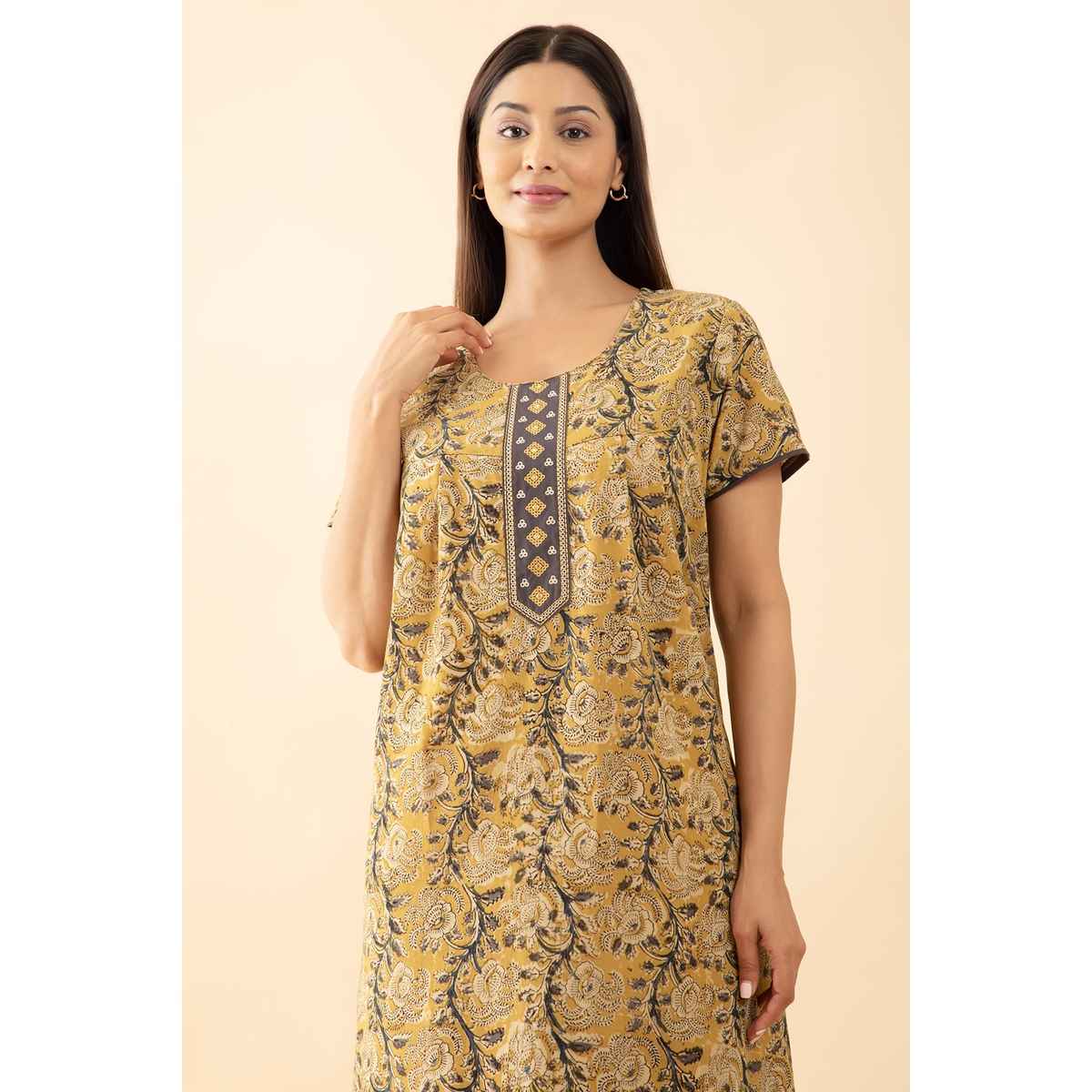 Maybell Women's Cotton Kalamkari Printed Nighty | Mustard - M