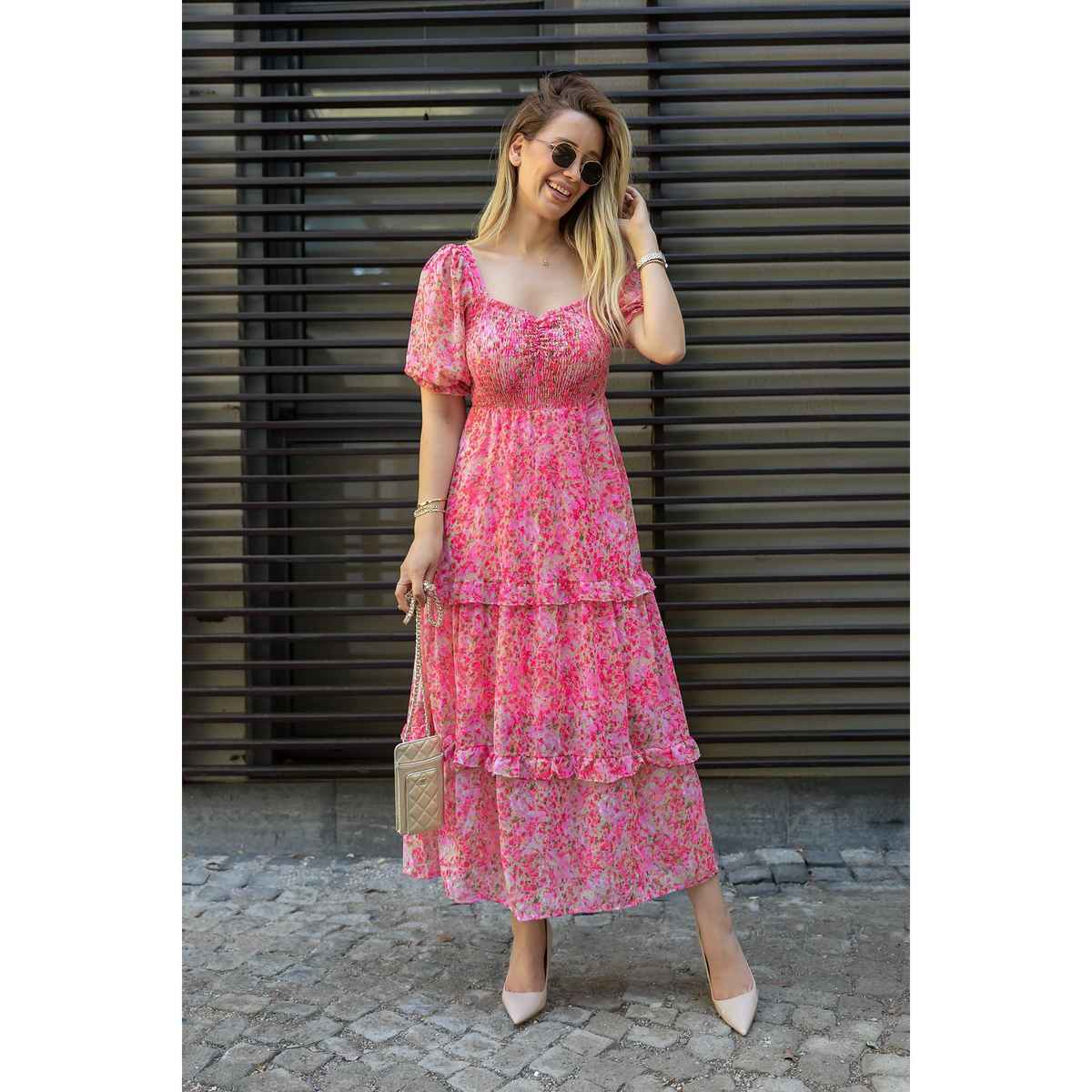 Sheetal Women's Floral Georgette Neck Fit & Flare Maxi Dress | DR11264 | Pink - XL