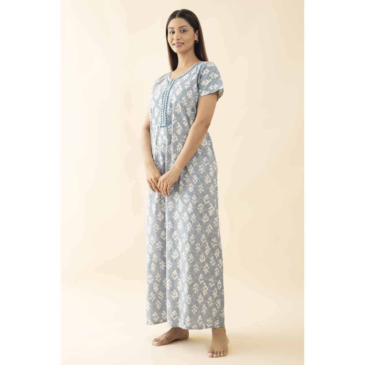 Maybell Women's Cotton Floral Printed Nighty | Grey - XXL