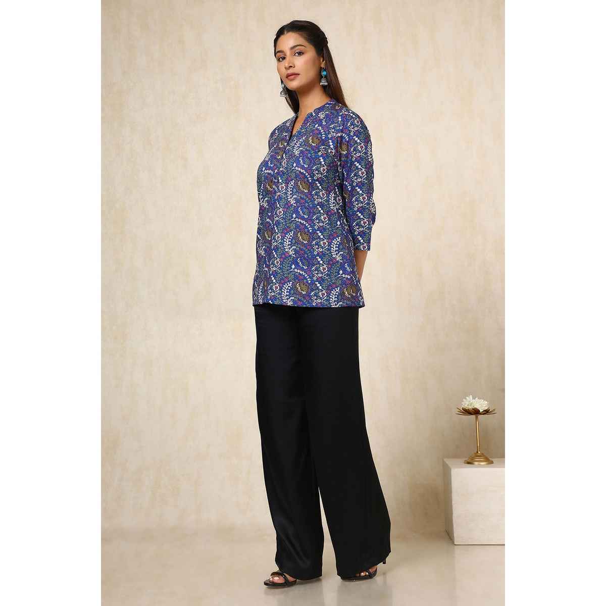 Soch Women's Blue Cotton Blend Floral Print Tunic | L