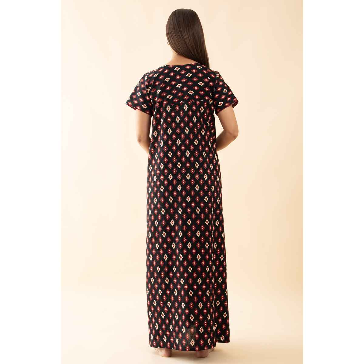 Maybell Women's Cotton Floral Printed Nighty | Black & Maroon - XXL