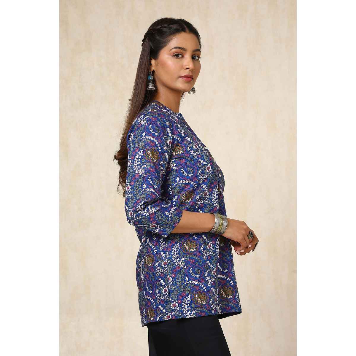 Soch Women's Blue Cotton Blend Floral Print Tunic | L