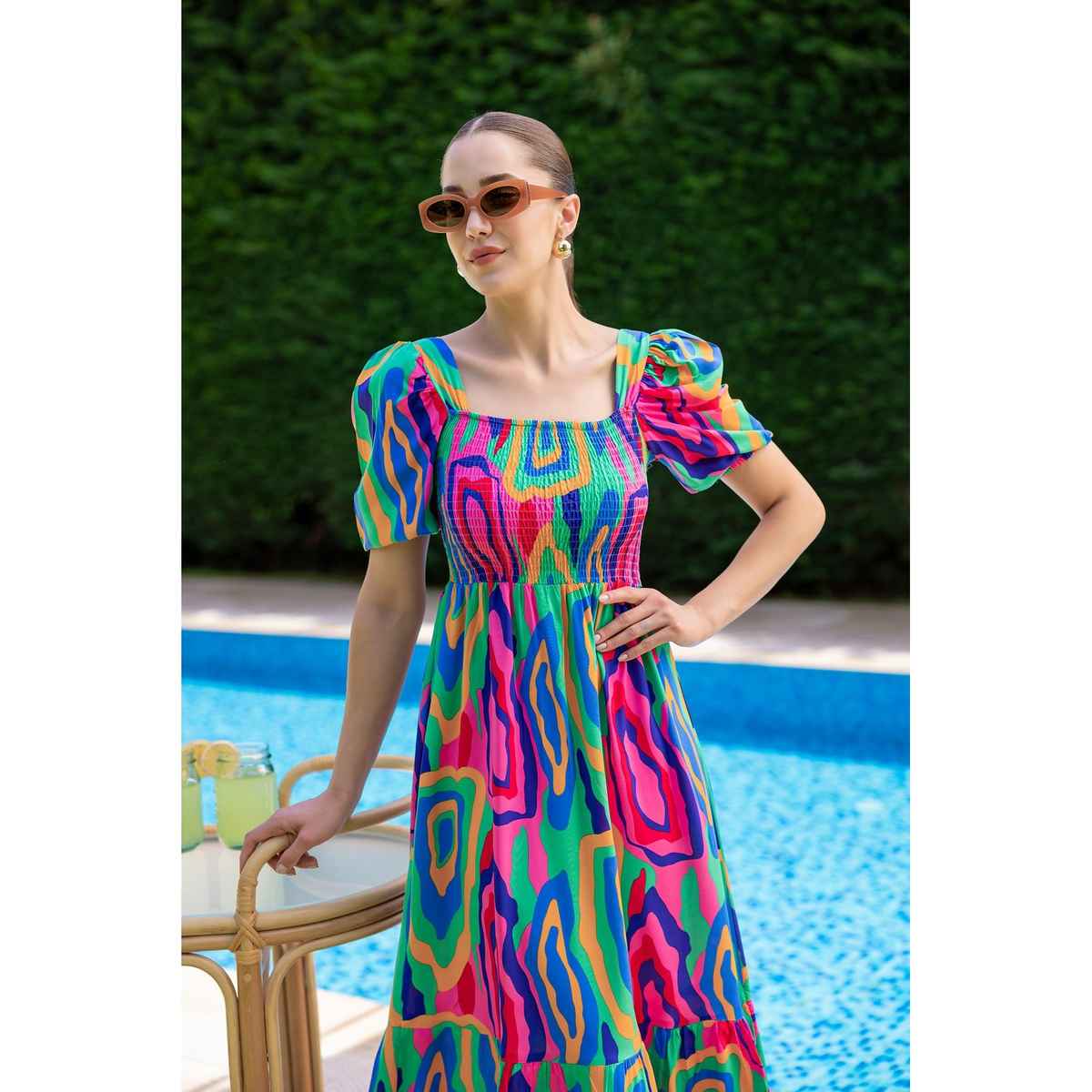 Sheetal Women's Abstract Printed Square Neck Fit-Flare Dress | DR11433 | Multicolor - L