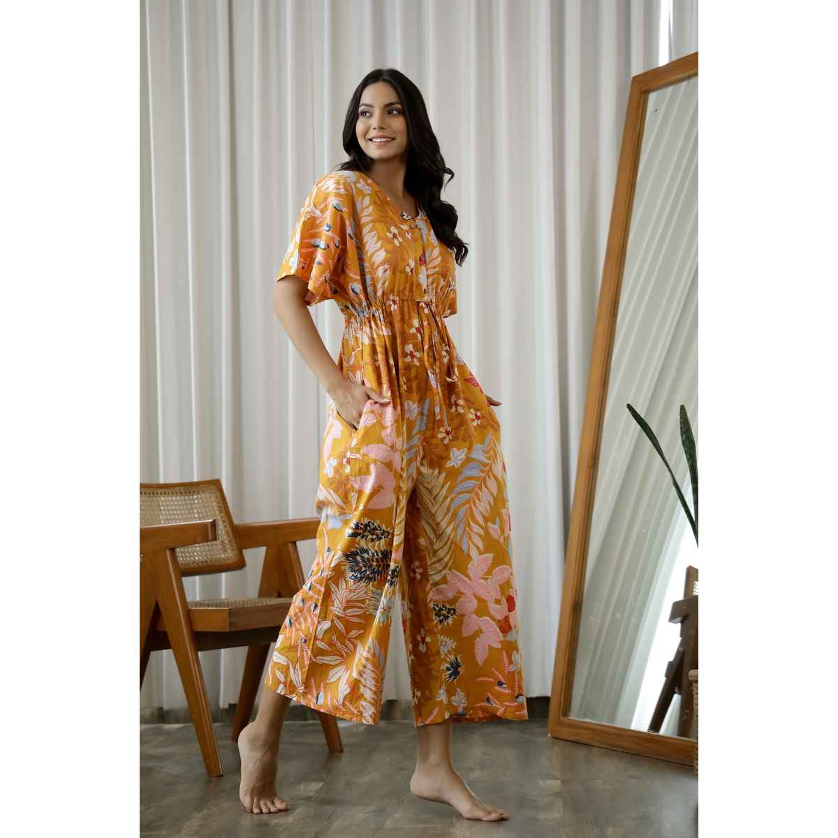 Sanskrutihomes Women s Floral Printed Waist Tie-Ups Cotton Basic Jumpsuit | Mustard | XXL