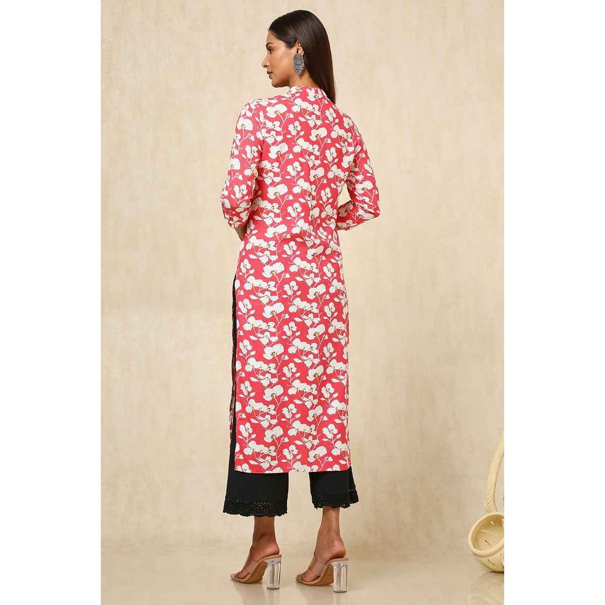 Soch Women's Pink Rayon Floral Print Kurta With Faux Mirror | L