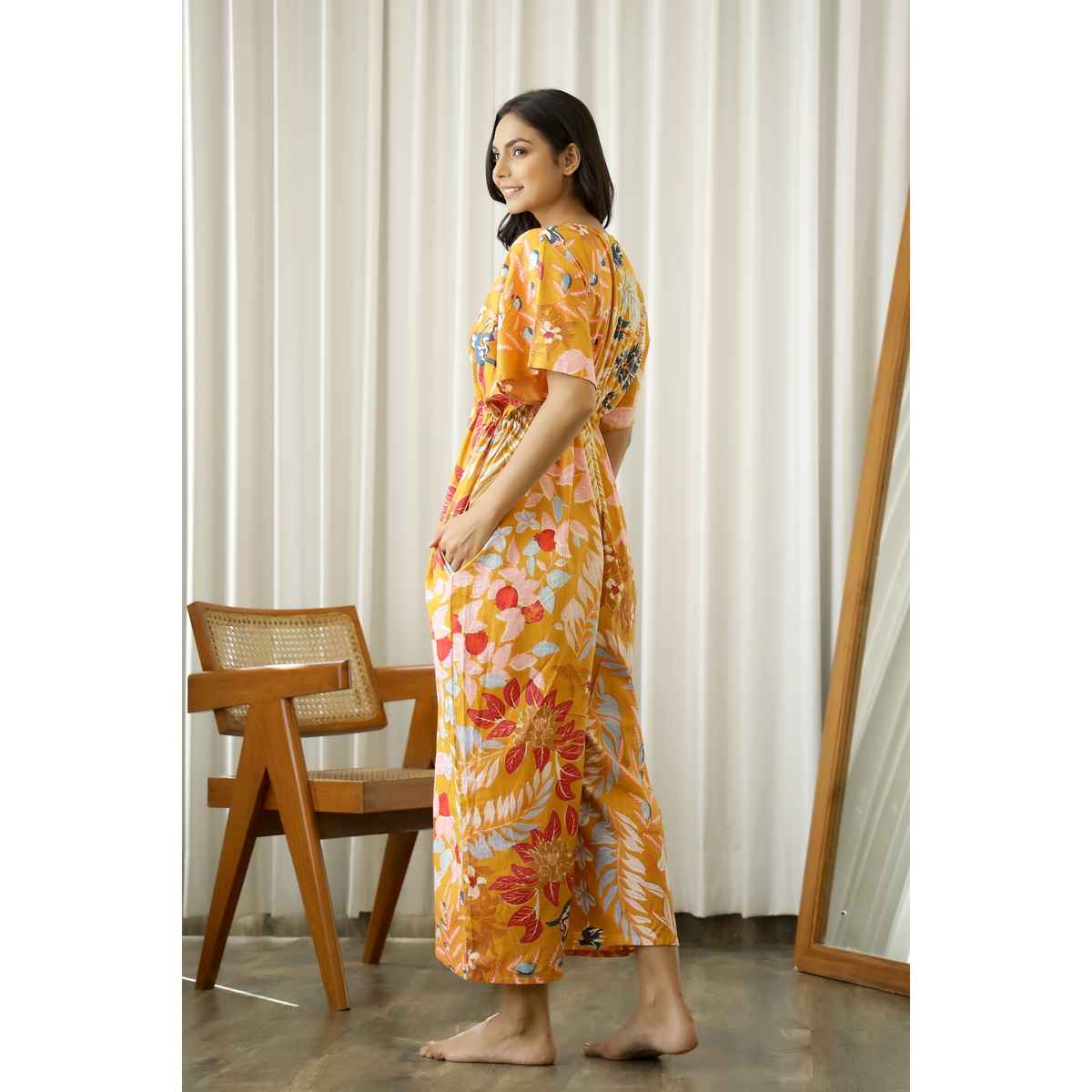 Sanskrutihomes Women s Floral Printed Waist Tie-Ups Cotton Basic Jumpsuit | Mustard | XXL