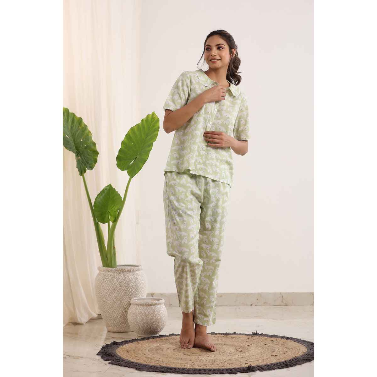 Sanskrutihomes Conversational Printed Pure Cotton Night Shirt And Trousers | Light Green | S