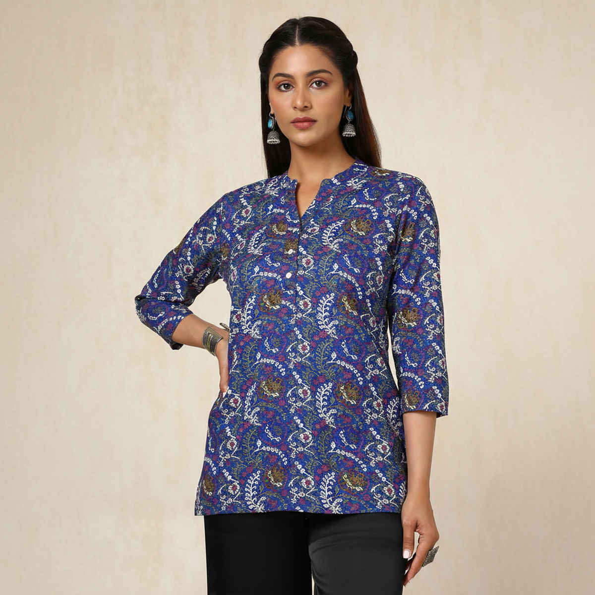 Soch Women's Blue Cotton Blend Floral Print Tunic | L