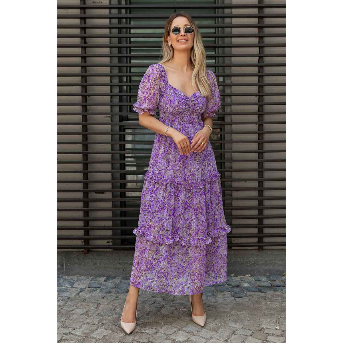 Sheetal Women's Floral Print Georgette Tiered Maxi Dress | DR11266 | Purple - XL