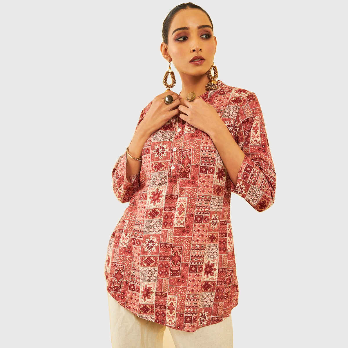 Soch Women's Brown Rayon Foil Print Tunic M
