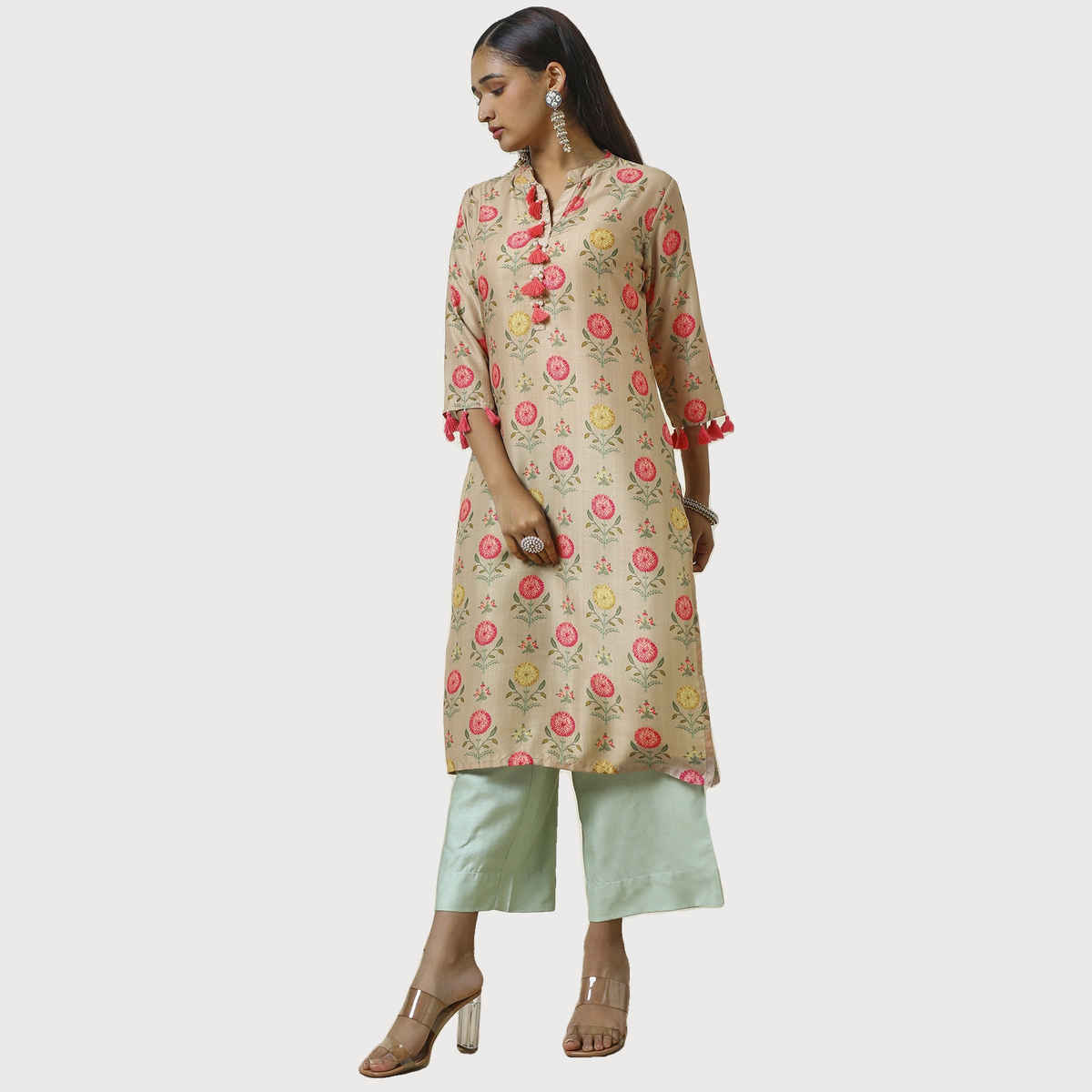 Soch Women's Beige Muslin Blend Floral Print Kurta With Tassels L