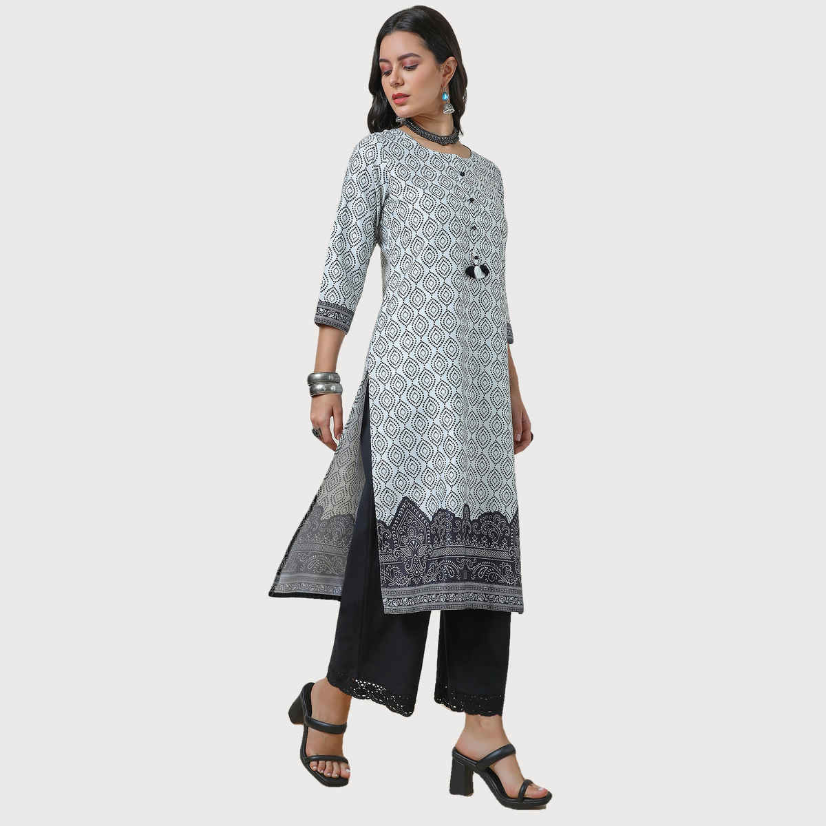 Soch Women's Bandhani Print Kurta With Tassels | Off White | L