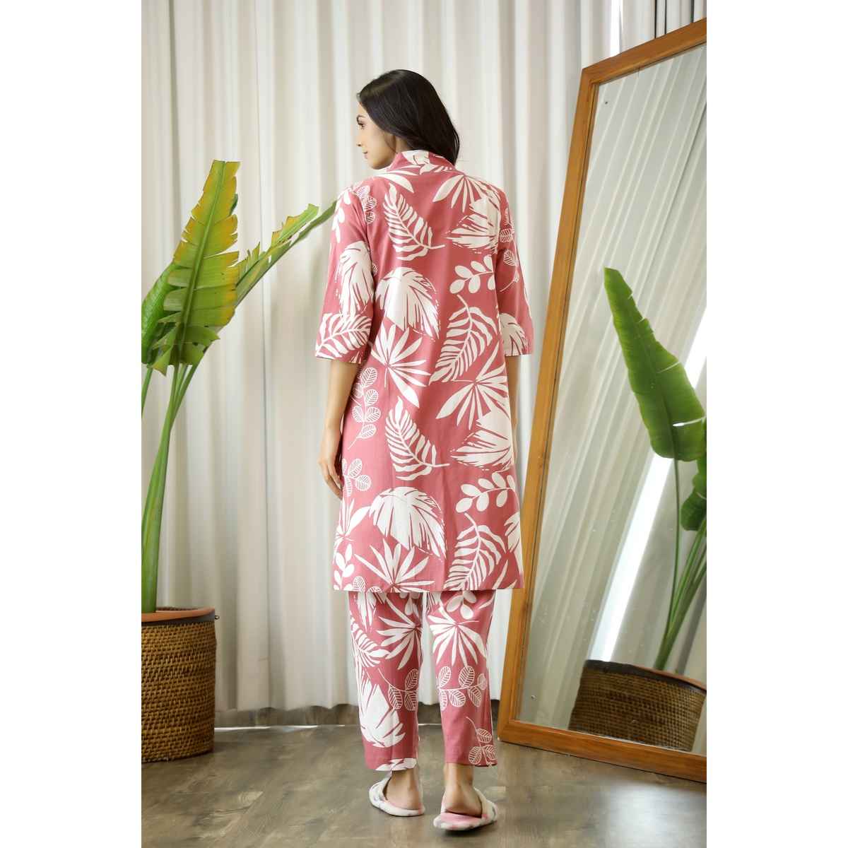 Sanskrutihomes Women's Printed Pure Cotton Night Suit | Pink - L