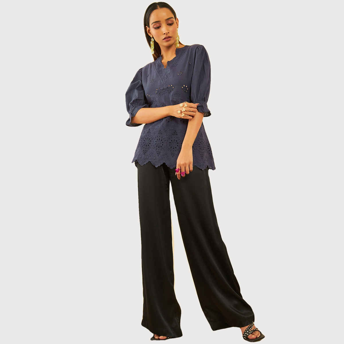 Soch Women's Blue Cotton Schiffli Tunic With Thread Work L