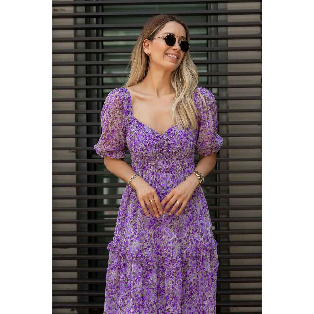 Sheetal Women's Floral Print Georgette Tiered Maxi Dress | DR11266 | Purple - M