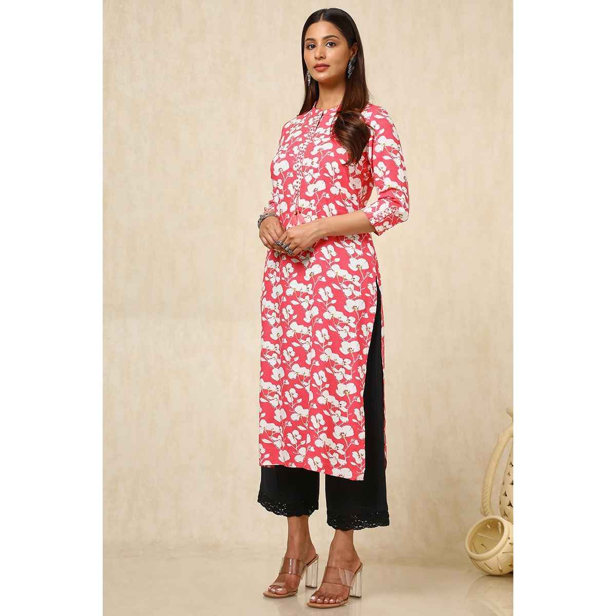 Soch Women's Pink Rayon Floral Print Kurta With Faux Mirror | L