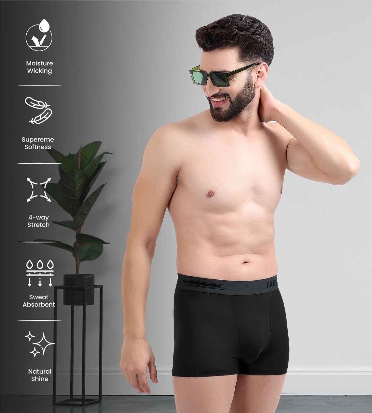 FREECULTR Men's Anti Bacterial Micromodal Airsoft Trunk- Sweat Proof, PO2 ,Ash Grey/Pot Black-S