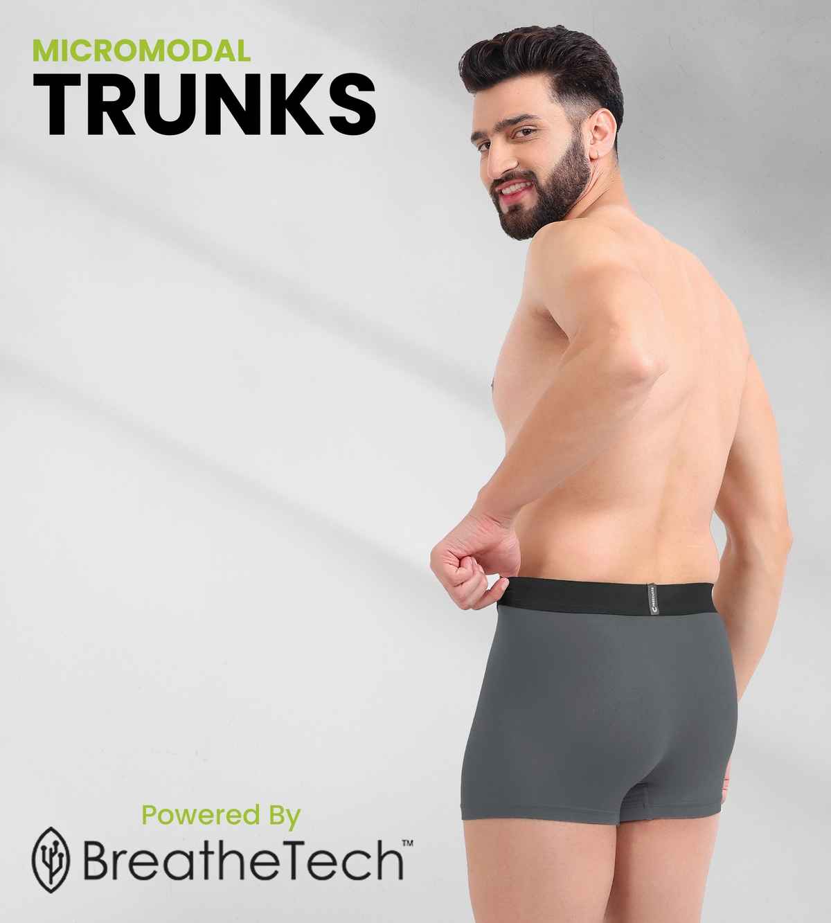 FREECULTR Men's Anti Bacterial Micromodal Airsoft Trunk- Sweat Proof, PO2 ,Ash Grey/Pot Black-S