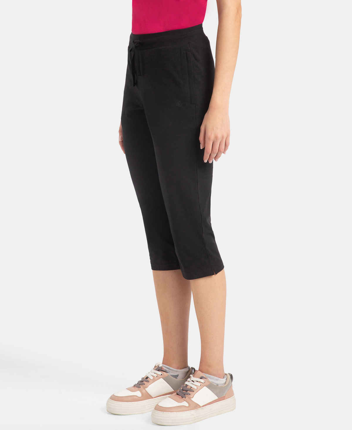 Jockey 1300 Women's Cotton Elastane Stretch Slim Fit Capri with Side Pockets | Black - M