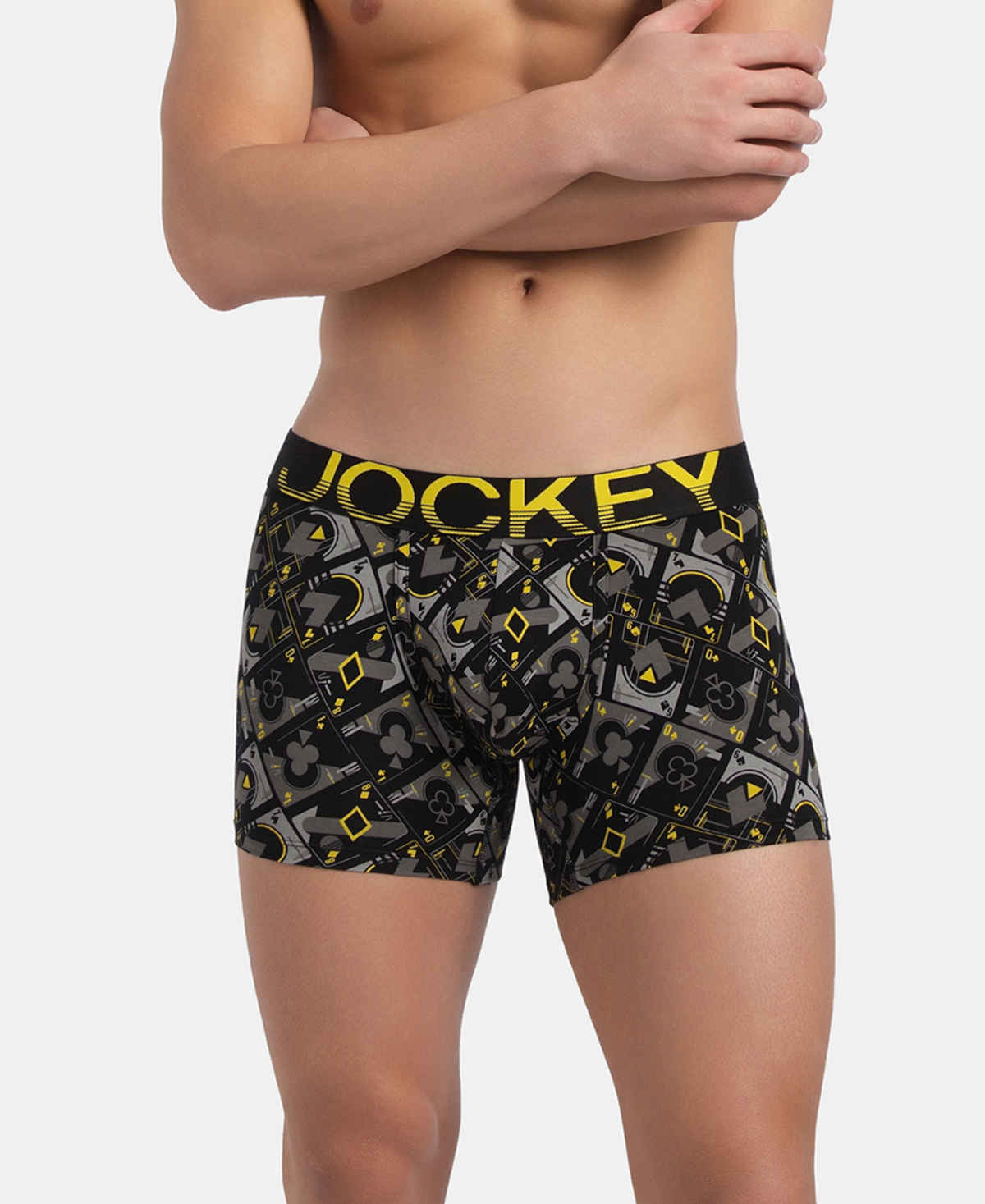 Jockey FP23 Men's Super Combed Cotton Printed Trunk | Black Empire Yellow-S