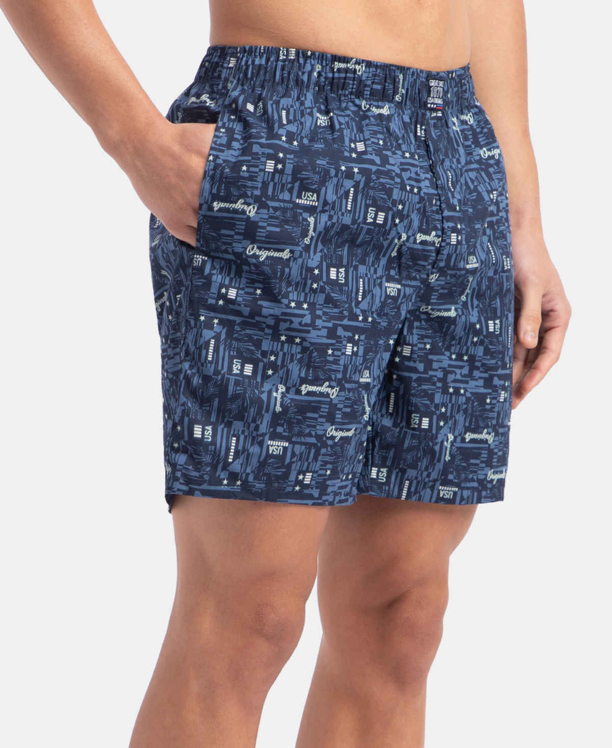 Jockey US57 Men's Cotton Printed Boxer | Side Pockets | Navy & Nickel-2XL