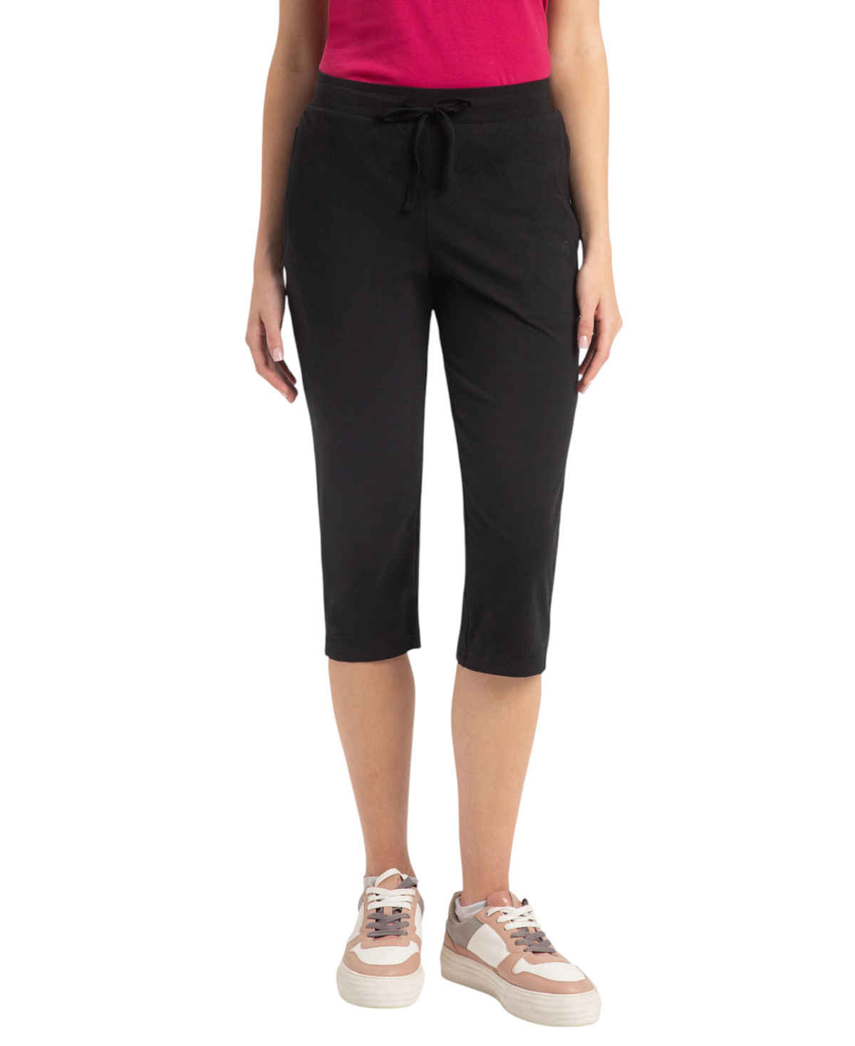Jockey 1300 Women's Cotton Elastane Stretch Slim Fit Capri with Side Pockets | Black - M