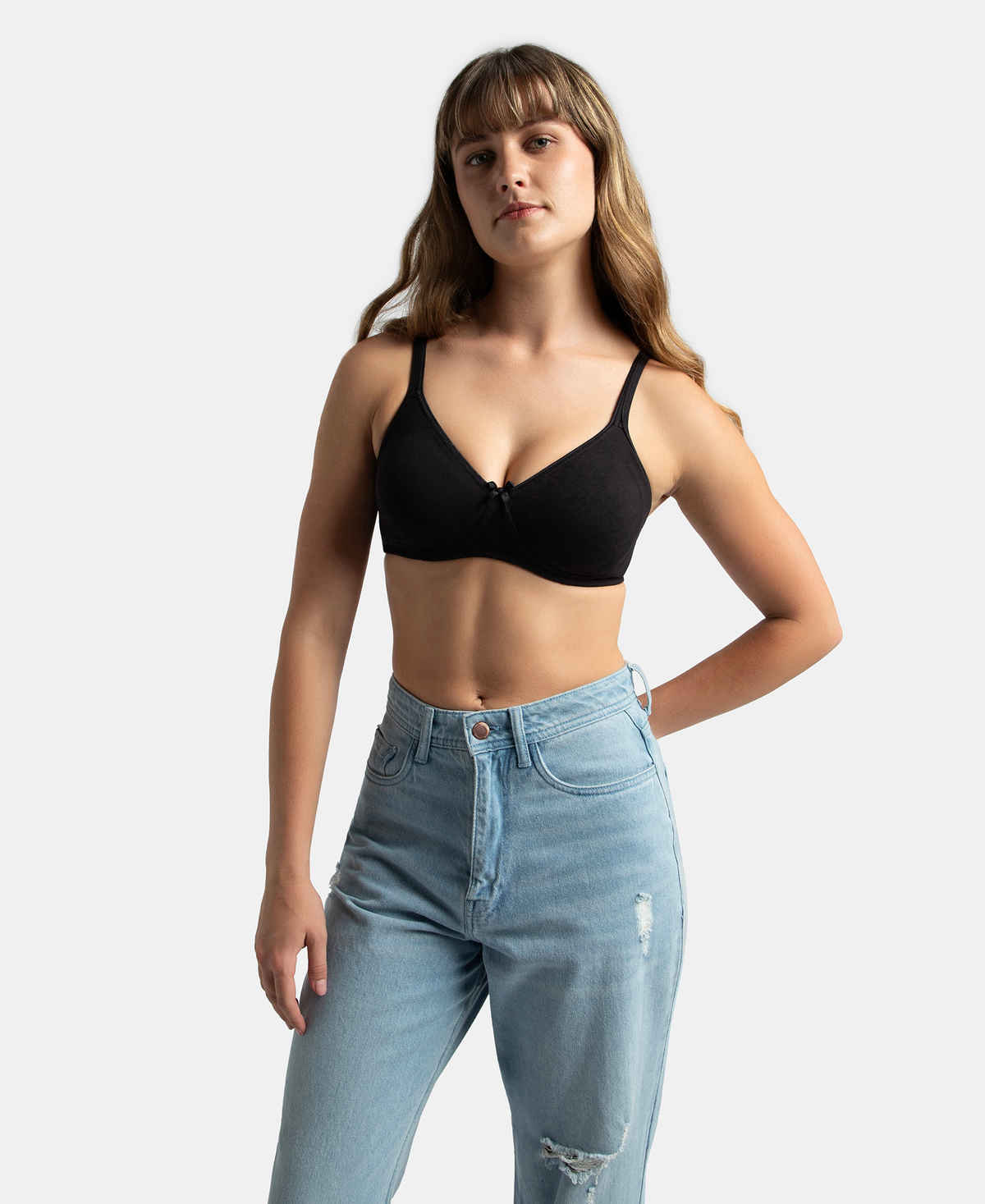 Jockey 1722 Women's Wirefree Non Padded Super Combed Cotton Elastane Stretch Medium Coverage Everyday Bra | Concealed Shaper Panel-Black-36C