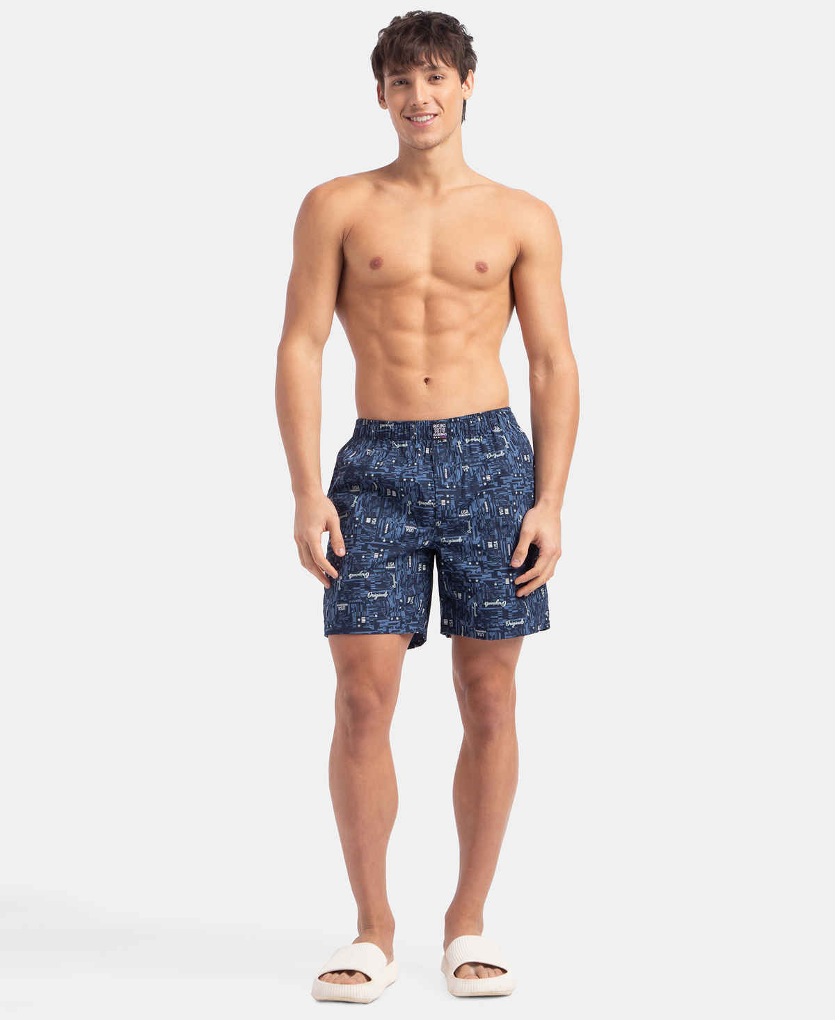 Jockey US57 Men's Cotton Printed Boxer | Side Pockets | Navy & Nickel-2XL