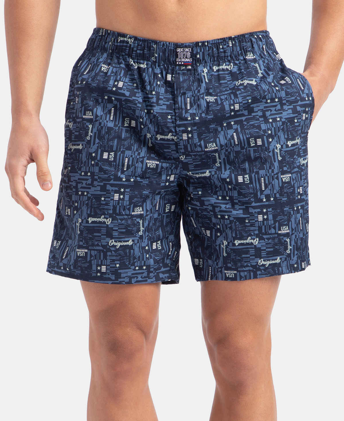 Jockey US57 Men's Cotton Printed Boxer | Side Pockets | Navy & Nickel-2XL