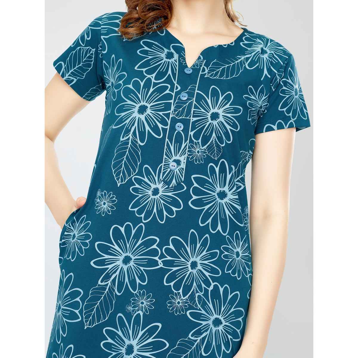 Zeyo Women Cotton Floral Printed Teal Blue Maxi Long Nighty For Women stylish 5834-TB- M