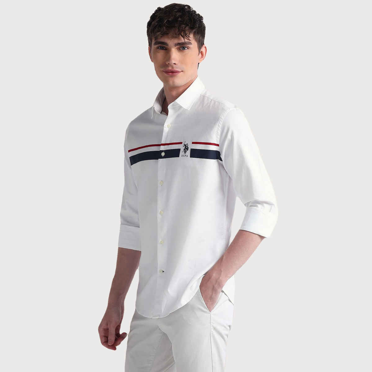 USPA Men's Shirt - Cotton Striped Casual Shirt - Tailored Fit - White - S