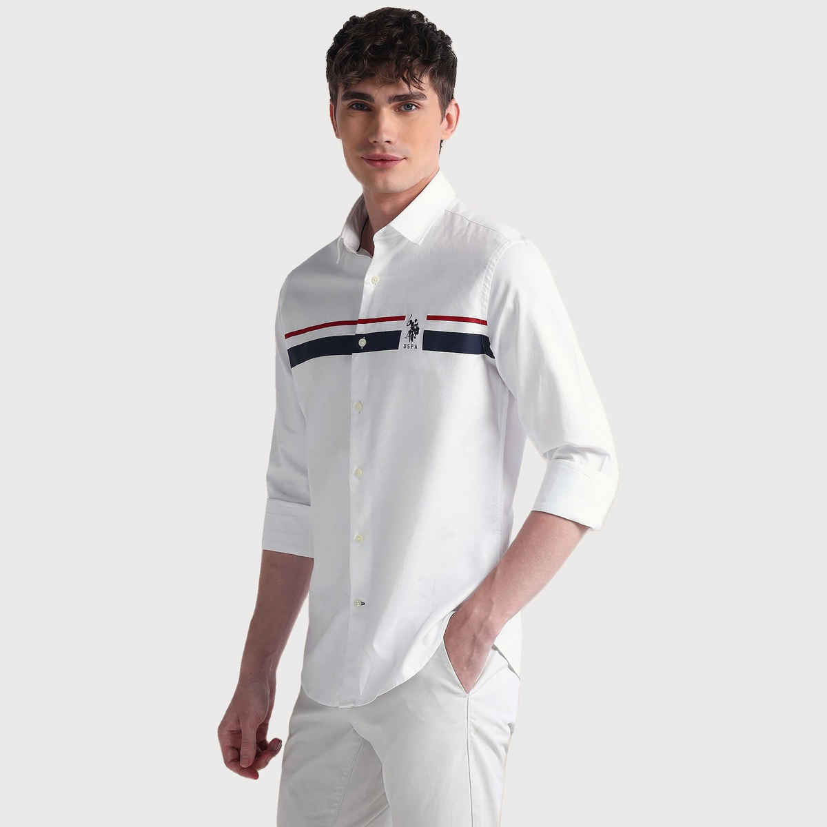 USPA Men's Shirt - Cotton Striped Casual Shirt - Tailored Fit - White - L
