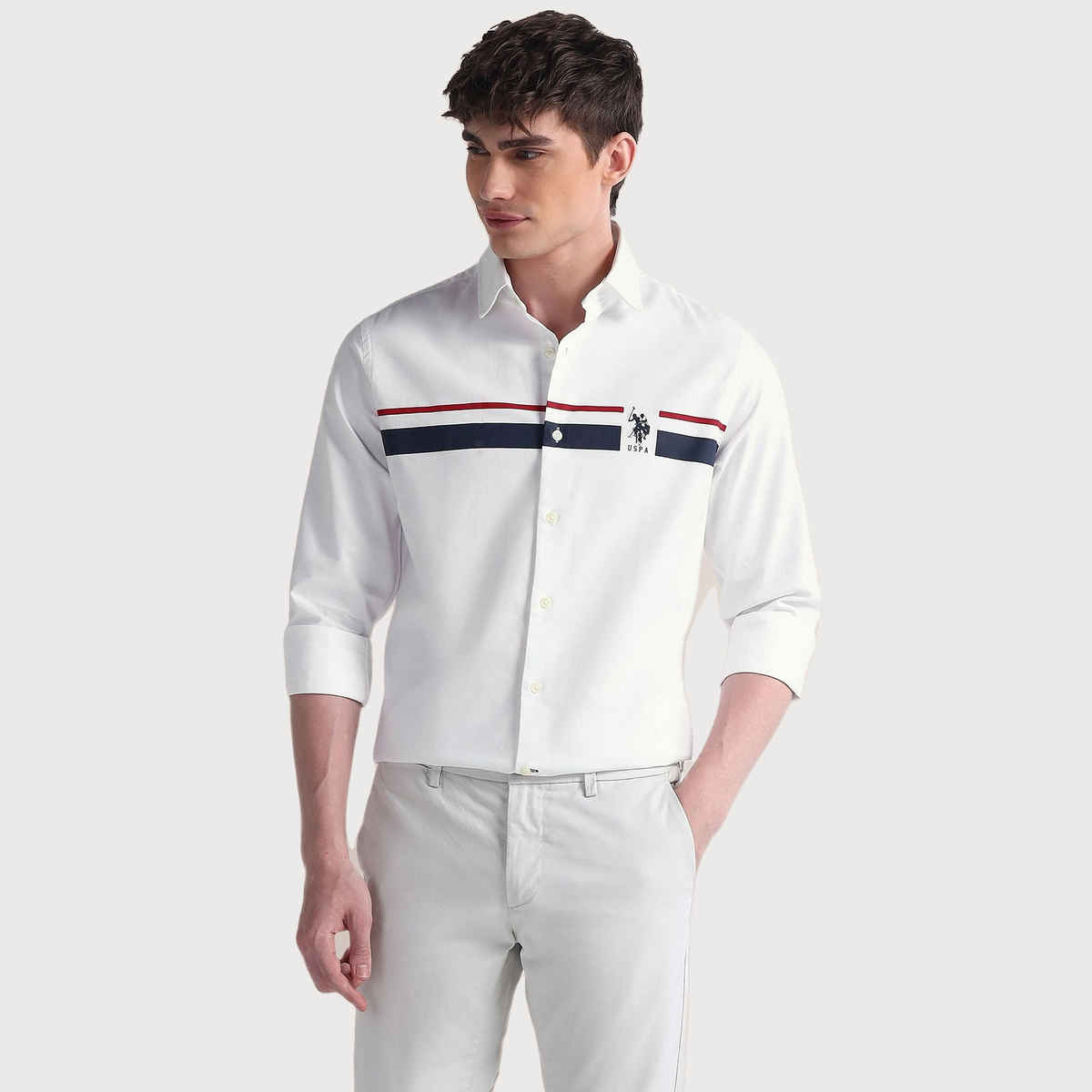 USPA Men's Shirt - Cotton Striped Casual Shirt - Tailored Fit - White - XL