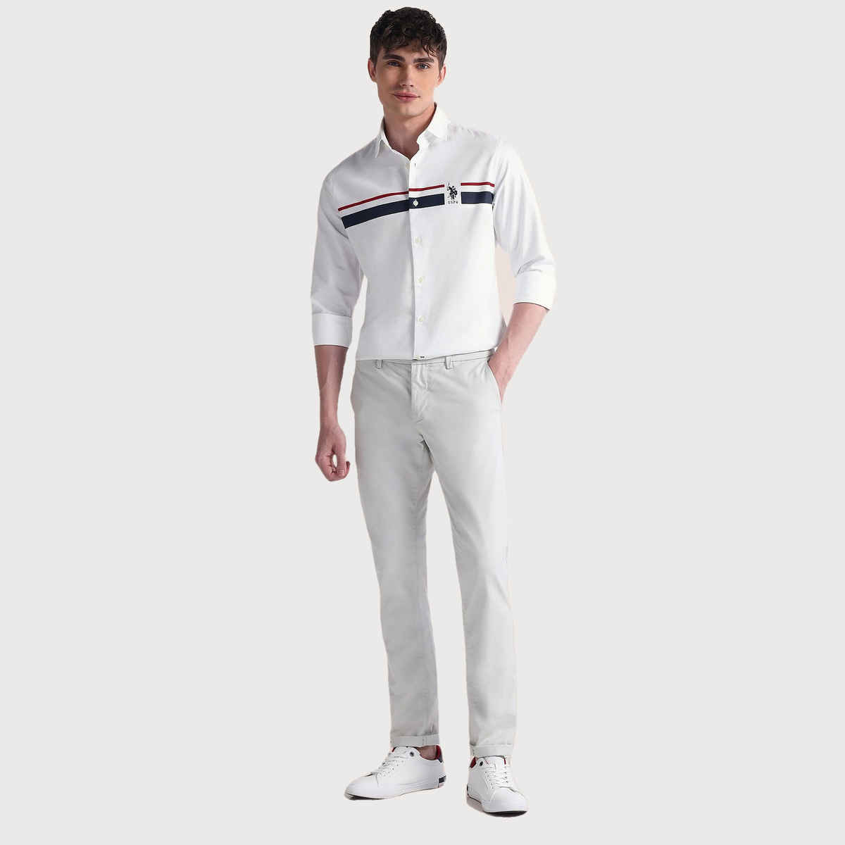 USPA Men's Shirt - Cotton Striped Casual Shirt - Tailored Fit - White - S