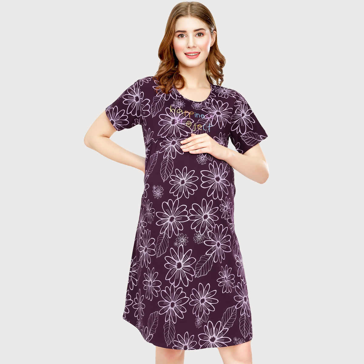 Zeyo Women Cotton Wine Night Dress Floral Printed Maternity Short Nighty Night Gown 5807-WN- XXL