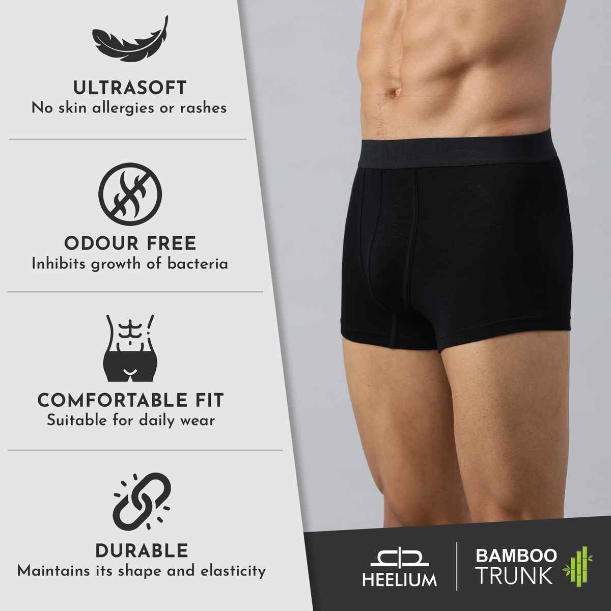 Heelium Bamboo Men's Trunks - XL | Superior Softness | Solid | Black